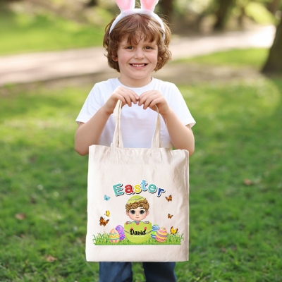 Personalized Cartoon Character Eggshell Butterfly Easter Tote Bag, Reusable Canvas Tote Bag, Easter Party Favor, Easter Gift for Kid/Boy/Girl
