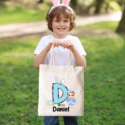 Personalized Initial Easter Egg Cartoon Character Tote Bag, Large Reusable Grocery Canvas Bag, Easter Gift Bag, Easter Gift for Kid/Boys/Girls