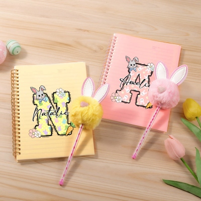 Personalized Name Floral Bunny Spiral Notebook with Pom Pom Pen, Easter Notebook and Pen Set, Easter Party Favor, Easter Gift for Kids/Boys/Girls