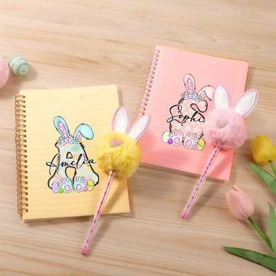 Custom Name Initial Bunny & Easter Eggs Spiral Notebook with Pom Pom Pen, Easter Notebook and Pen Set, Birthday Party Favor, Easter Gift for Kids