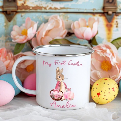 Personalized Name Floral Bunny & Easter Eggs Enamel Mug, 12oz Cup with Handle, Tin Camping Mug, Easter Party Favor, Easter Gift for Kids/Boys/Girls