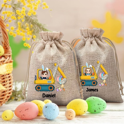 Personalized Cartoon Character Excavator Easter Egg Hunt Jute Bag, Custom Name Burlap Gift Bag with Drawstring, Easter Gift for Boys/Girls
