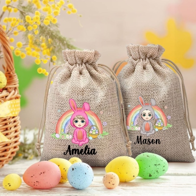 Custom Easter Bunny Cartoon Character Flower Rainbow Burlap Bag, Easter Gift Bag with Drawstring, Easter Party Favor, Easter Gift for Kids/Boys/Girls