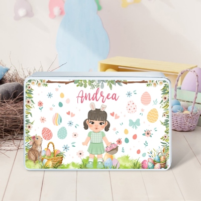 Personalized Name Cartoon Girl Bunny Treat Tin Box with Lid, Tinplate Box Candy Cookie Container, Easter Party Favor, Easter/Birthday Gift for Kids