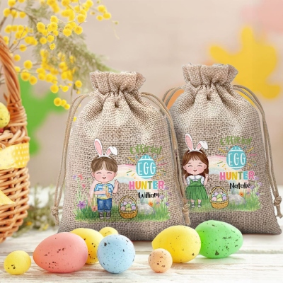 Custom Cartoon Easter Egg Hunter in Rainbow Garden Drawstring Burlap Bag, Easter Treat Candy Bag, Easter Party Favor, Easter Gift for Kids/Boys/Girls