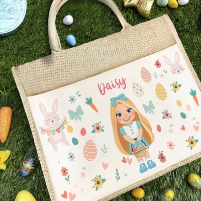 Personalized Cartoon Girl Bunny Jute Tote Bag with Name, Large Capacity Easter Egg Hunt Handbag, Easter Party Favor, Easter/Birthday Gift for Girl/Kid