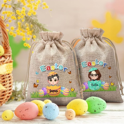 Personalized Easter Cartoon Character Eggshell Butterfly Burlap Bag, Custom Name Easter Gift Bag with Drawstring, Easter Gift for Kids/Boys/Girls