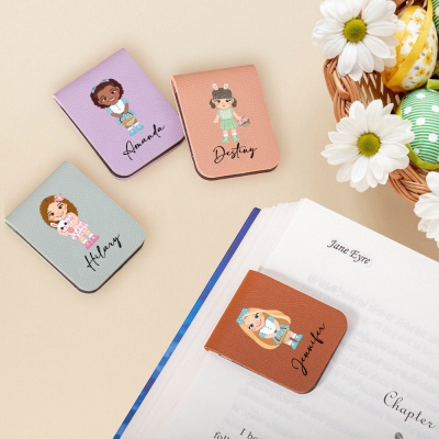 Personalized Name Cartoon Floral Girl Character Magnetic Bookmark, Leather Bookmark Clip, Book Accessory, Birthday/Easter Gift for Girls/Book Lovers