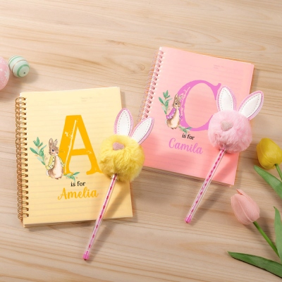 Custom Name & Initial Bunny Spiral Notebook with Pom Pom Pen, Easter Notebook and Pen Set, Easter Party Favor Basket Stuffer, Easter Gift for Kids