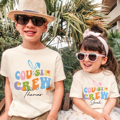 Personalized Cousin Crew Easter Kids T-Shirt Custom Name, Festive Shirt for Boys and Girls