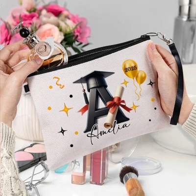 Personalized Name Graduation Cap Alphabet Cosmetic Bag, Class of 2025 Linen Makeup Pouch with Wrist Strap, Graduation Party Favor, Gift for Graduates