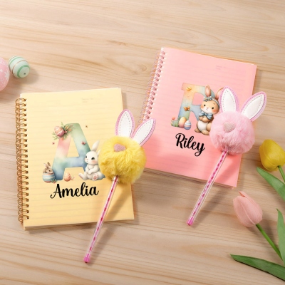 Custom Initial & Name Watercolor Bunny Notebook with Pom Pom Pen, Easter Notebook and Pen Set, Easter Basket Stuffer, Easter Gift for Kids/Boys/Girls