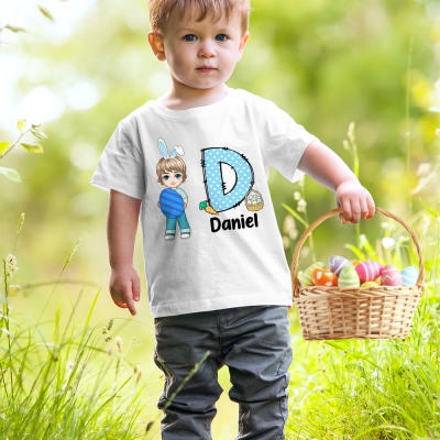 Personalized Cartoon Character Easter Egg T-shirt, Custom Name & Initial Cotton T-shirt, Easter Party Favor, Easter Gift for Kids/Boys/Girls