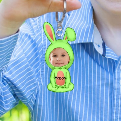 Personalized Name Easter Bunny Keychain with Photo, Custom Kids Portrait Charm Keychain, Easter Party Favor, Easter Gift for Kids/Boys/Girls/Family