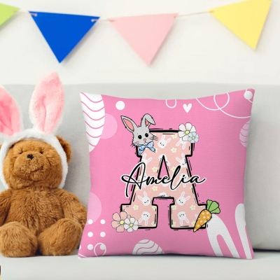 Personalized Initial & Name Floral Easter Bunny Pillowcase, Pillow Cover with Optional Insert, Home Decor, Birthday/Easter Gift for Kids/Boys/Girls