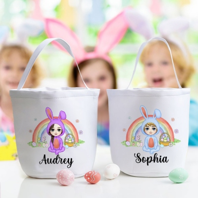 Personalized Funny Bunny Cartoon Character Floral Rainbow Easter Basket, Large Capacity Easter Egg Hunt Basket, Easter Gift for Kids/Boys/Girls