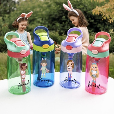 Personalized Name Cartoon Floral Girl Character Easter Water Bottle, 16oz Kids Cup with Silicone Straw & Handle, Birthday/Easter Gift for Kids/Girls