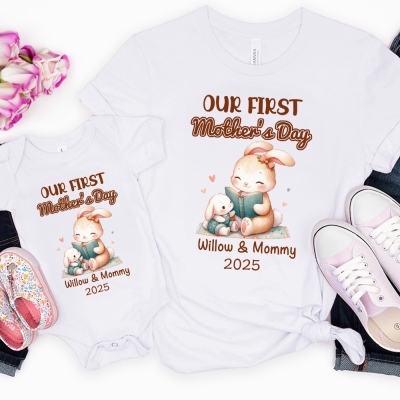 Custom Name Our First Mother's Day Parent-Child Matching Outfit, Animals Reading Book Design Mommy T-Shirt Baby Bodysuit Set, Gift for New Mom/Baby