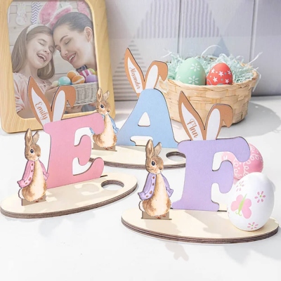 Personalized Alphabet Bunny Easter Egg Holder with Name, Wooden Egg Display Stand, Easter Party Favor, Table Decor, Easter Gift for Kids/Family