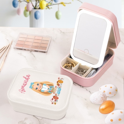 Custom Name Cartoon Floral Girl Easter Makeup Box with Three-Color LED Light Mirror, Travel Jewelry Makeup Case, Birthday/Easter Gift for Girls/Women