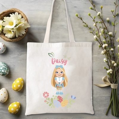 Custom Name Cartoon Floral Girl Character Tote Bag, Easter Egg Hunt Bag, Large Capacity Canvas Bag, Easter Party Favor, Easter Gift for Kids/Girls