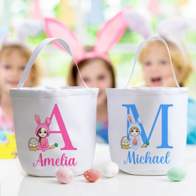 Custom Cute Bunny Cartoon Character Easter Basket with Alphabet, Easter Egg Hunt Basket with Handle, Easter Party Favor, Easter Gift for Boys/Girls