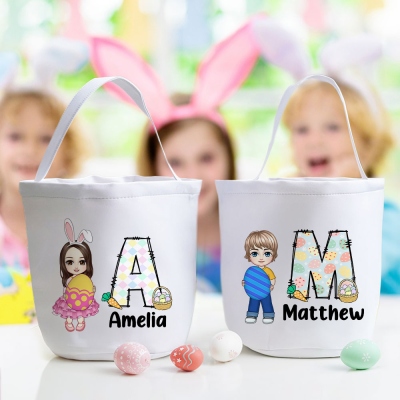 Personalized Cartoon Character Hug Easter Egg Basket, Custom Name Reusable Canvas Easter Basket, Easter Party Favor, Easter Gift for Boys/Girls