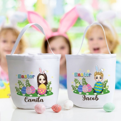 Personalized Cartoon Character Easter Egg Hunt Basket, Custom Kid Name Easter Basket with Handle, Easter Party Favor, Easter Gift for Boys/Girls