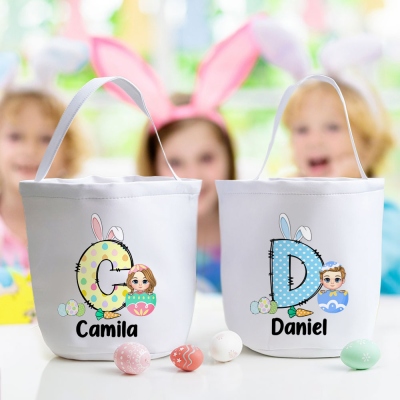 Personalized Easter Egg Cartoon Character Canvas Basket, Easter Bunny Alphabet Bucket Bag, Easter Party Favor, Easter Gift for Kids/Boys/Girls