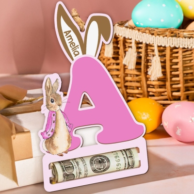 Custom Easter Bunny Money Holder with Initial & Name, Cartoon Rabbit Wooden Easter Basket Stuffer, Easter Party Favor, Easter Gift for Kids/Boys/Girls