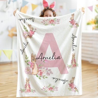 Personalized Floral Peter Rabbit Blanket with Initial & Name, Flannel/Sherpa Soft Bed Couch Throw, Nursery Room Decor, Easter Gift for Kids/Boys/Girls