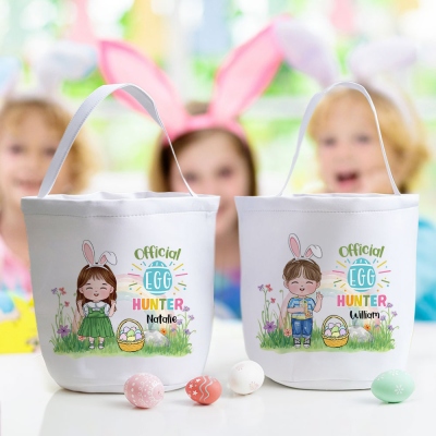 Personalized Cartoon Easter Egg Hunter in Rainbow Garden Basket, Custom Name Easter Bunny Bucket Bag, Easter Party Favor, Easter Gift for Boys/Girls