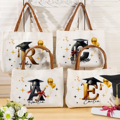 Personalized Name Graduation Hat Initial Tote Bag, Class of 2025 Handbag with Leather Handle, Large Capacity Canvas Bag, Graduation Gift for Graduates