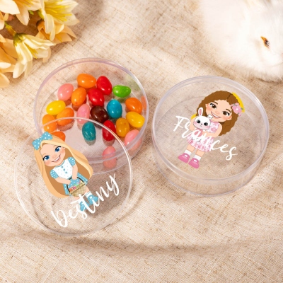 Custom Name Cartoon Floral Girl Treat Boxes, Easter Round Clear Candy Boxes Set of 2, Easter Party Favors Basket Stuffers, Easter Gifts for Kids/Girls