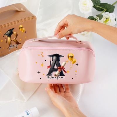 Custom Name Graduation Cap Alphabet Travel Makeup Bag, Open Flat Leather Cosmetic Bag with Divider & Handle, Graduation Party Favor, Gift for Graduate