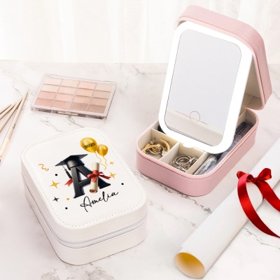 Custom Name Graduation Cap Alphabet Makeup Box with Three-Color Adjustment LED Light Mirror, Travel Jewelry Makeup Box, Graduation Gift for Her/Bestie