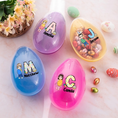 Personalized Cartoon Character Hug Easter Egg Stuffer, Custom Name & Alphabet Fillable Jumbo Easter Egg, Easter Basket Gift for Kids/Boys/Girls