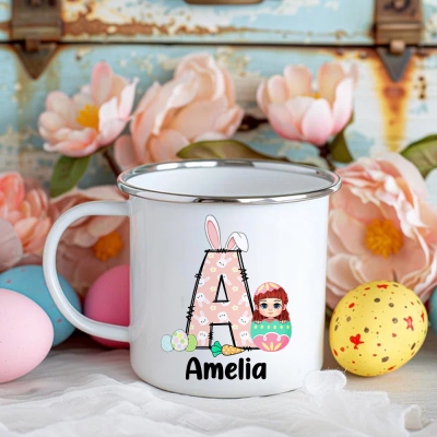 Personalized Easter Egg Cartoon Character Enamel Mug, Custom Kid Name Mug with Bunny Alphabet, Easter Party Favor, Easter Gift for Boys/Girls