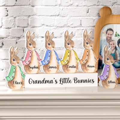 Custom Name Peter Rabbit Easter Block Set, Family Bunny Block with Wooden Base, Freestanding Rabbit Table Sign Home Decor, Easter Gift for Mom/Grandma