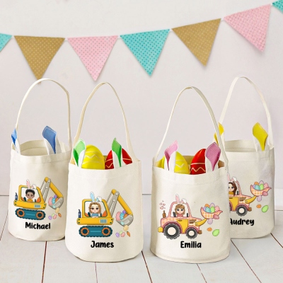 Personalized Cartoon Character Excavator Easter Egg Hunt Bucket Bag, Custom Name Easter Basket with Bunny Ears, Easter Gift for Kids/Boys/Girls