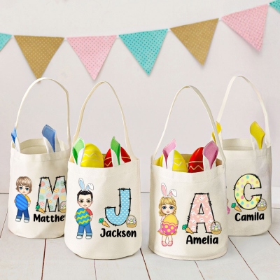 Personalized Cartoon Character Easter Egg Hunt Basket, Custom Name Bucket Bag with Bunny Ears, Easter Party Favor, Easter Gift for Kids/Boys/Girls