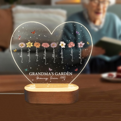 Custom Names & Birth Flowers Grandma's Garden Heart LED Night Light, Acrylic Night Lamp with Wooden Base, Birthday/Mother's Day Gift for Mom/Grandma