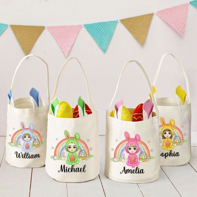 Personalized Bunny Cartoon Character Floral Rainbow Easter Basket, Easter Candy & Gift Carry Bucket Bag with Bunny Ears, Easter Gift for Boys/Girls