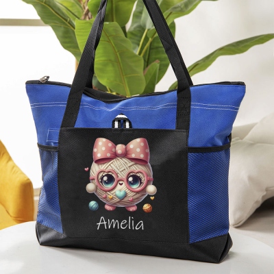 Custom Name Cartoon Yarn Ball Tote Bag, Large Capacity Oxford Cloth Handbag with Mesh Pocket, Women's Shopping Bag, Gift for Crochet Lovers/Her/Mom