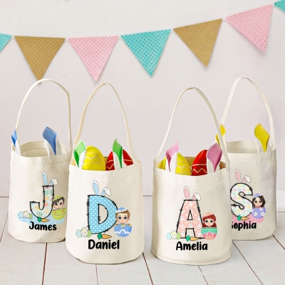 Personalized Eggshell Cartoon Character Easter Egg Bucket Bag, Custom Name Easter Basket with Bunny Ears & Handle, Easter Gift for Kids/Boys/Girls