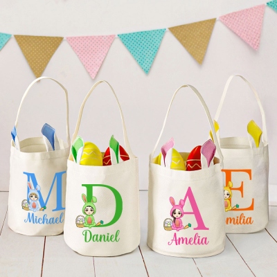 Personalized Rabbit Cartoon Character Easter Bucket with Bunny Ears, Custom Easter Gift & Candy Carry Basket, Easter Gift for Kids/Boys/Girls