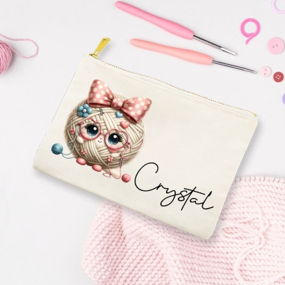 Personalized Cartoon Yarn Ball Crochet Hook Bag with Name, Canvas Knitting Needle Zippered Storage Bag, Gift for Crochet Lovers/Mom/Grandma/Women