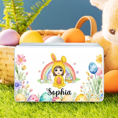 Personalized Bunny Cartoon Character Rainbow Flower Easter Biscuit Box, Custom Name Easter Goodie Treat Tin, Easter Party Favor, Gift for Boys/Girls