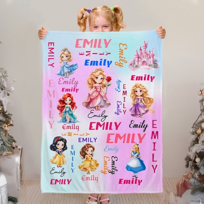 Personalized Kids Princess Blanket with Name, Flannel/Sherpa Soft Bed Couch Throw, Home Decor, Birthday/Baby Shower/Christmas Gift for Girls