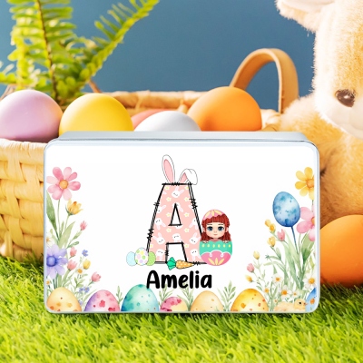 Personalized Eggshell Cartoon Character Easter Treat Tin with Bunny Alphabet, Easter Candy/Cookie/Chocolate Storage, Easter Gift for Kids/Boys/Girls